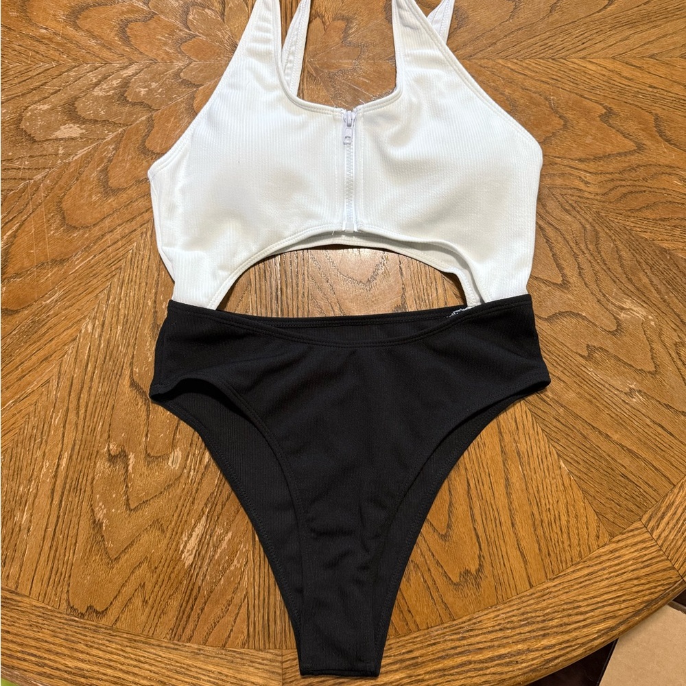White and Black Zip-Front One Piece